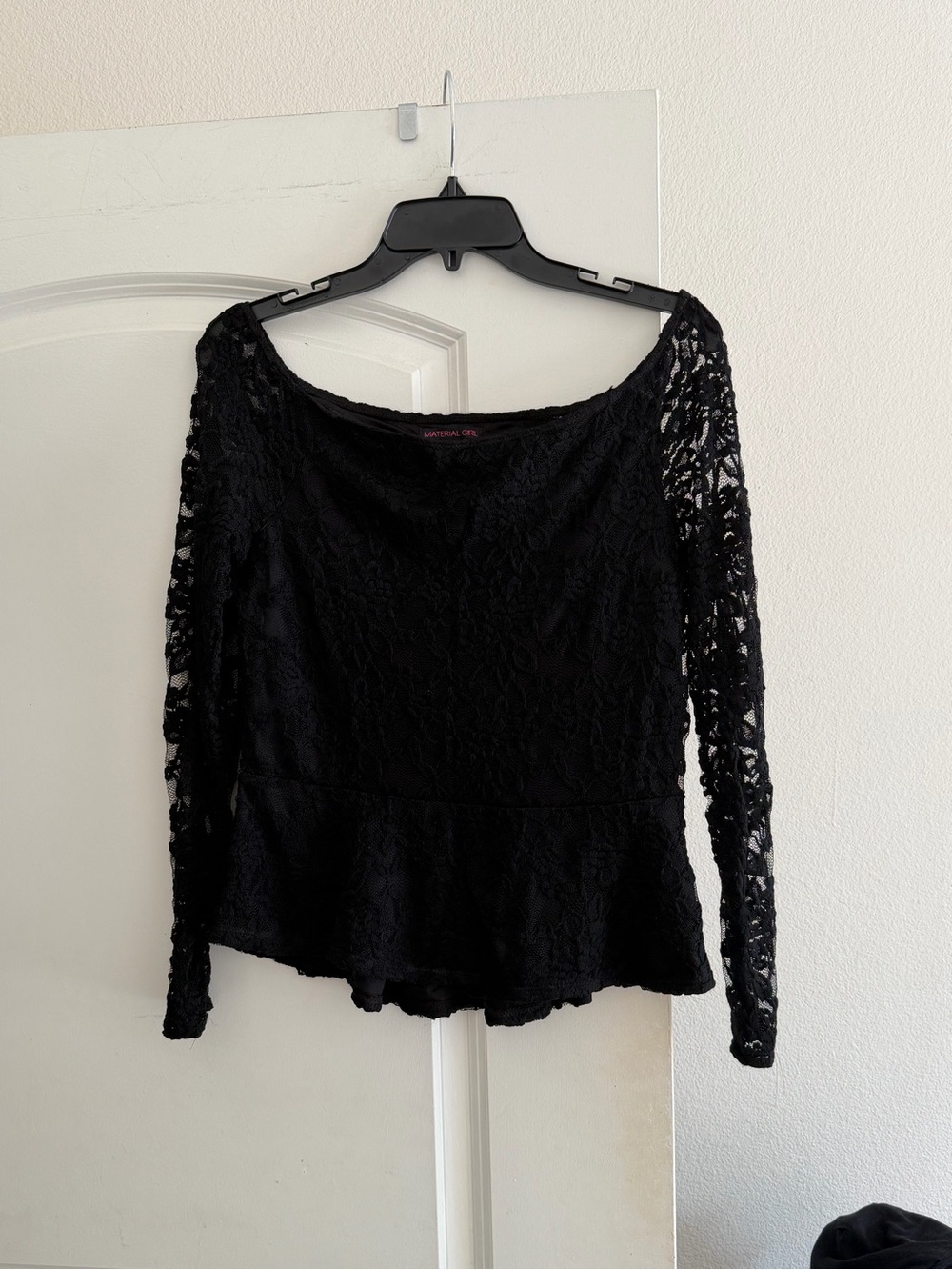 Material Girl Black Lace Long Sleeve Peplum Blouse